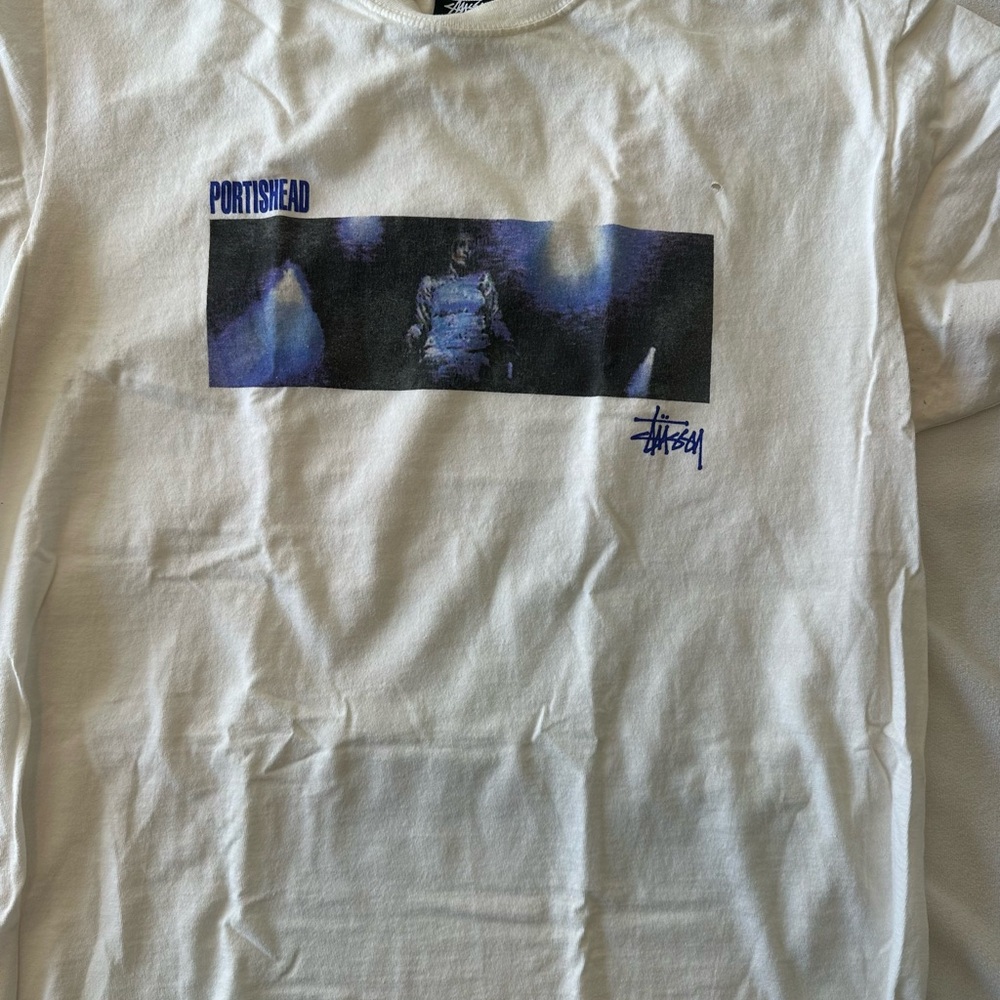 Rare Stussy x Portishead Colab White and Blue Graphic Tee